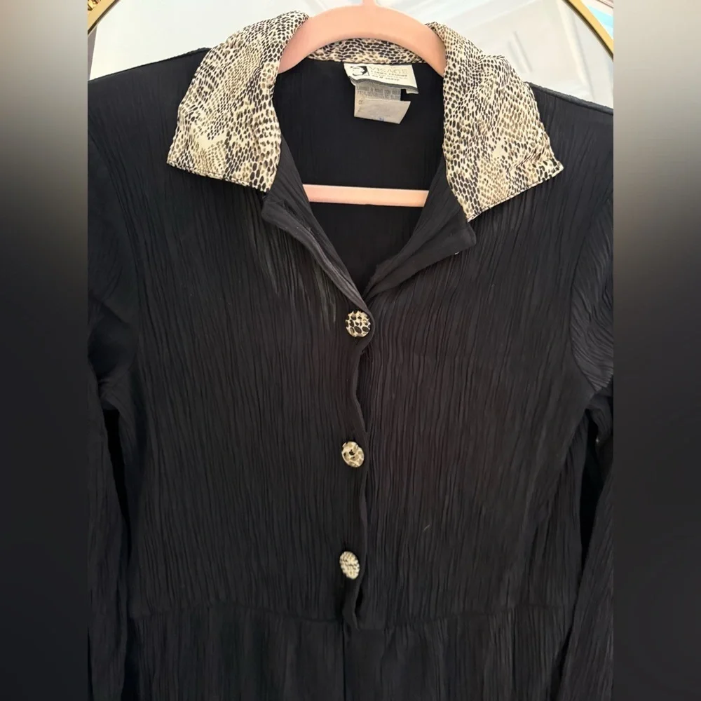 Vintage Visage  Black Crinkle Material Jumpsuit with Animal Pritn Trim